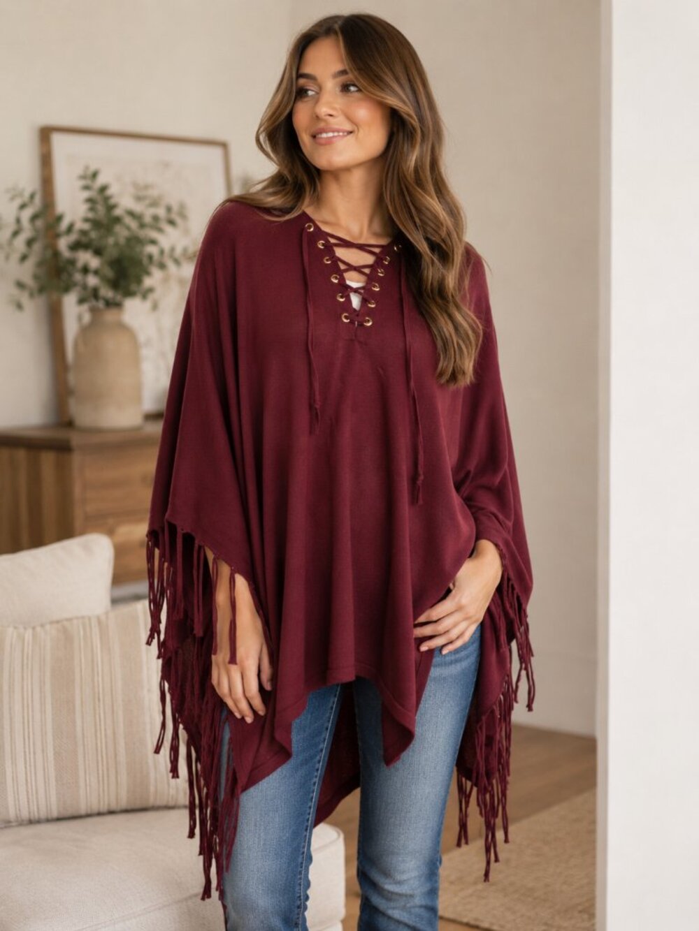 Chico's Burgundy Lace Up Fringe Poncho Sweater One Size NWT